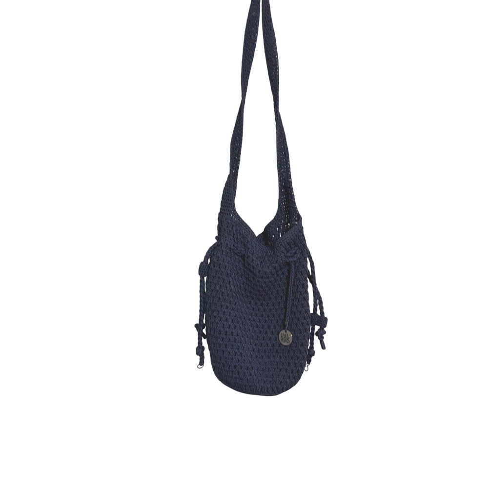 The Sak Originals Crochet Hobo Bag Boho Navy Blue Drawstring Shoulder Bag OS
